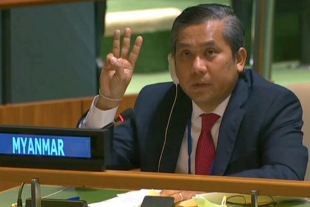 Myanmar's ambassador to the United Nations Kyaw Moe Tun holds up three fingers at the end of his speech to the General Assembly where he pleaded for International action in overturning the military coup in his country. Photo: Reuters