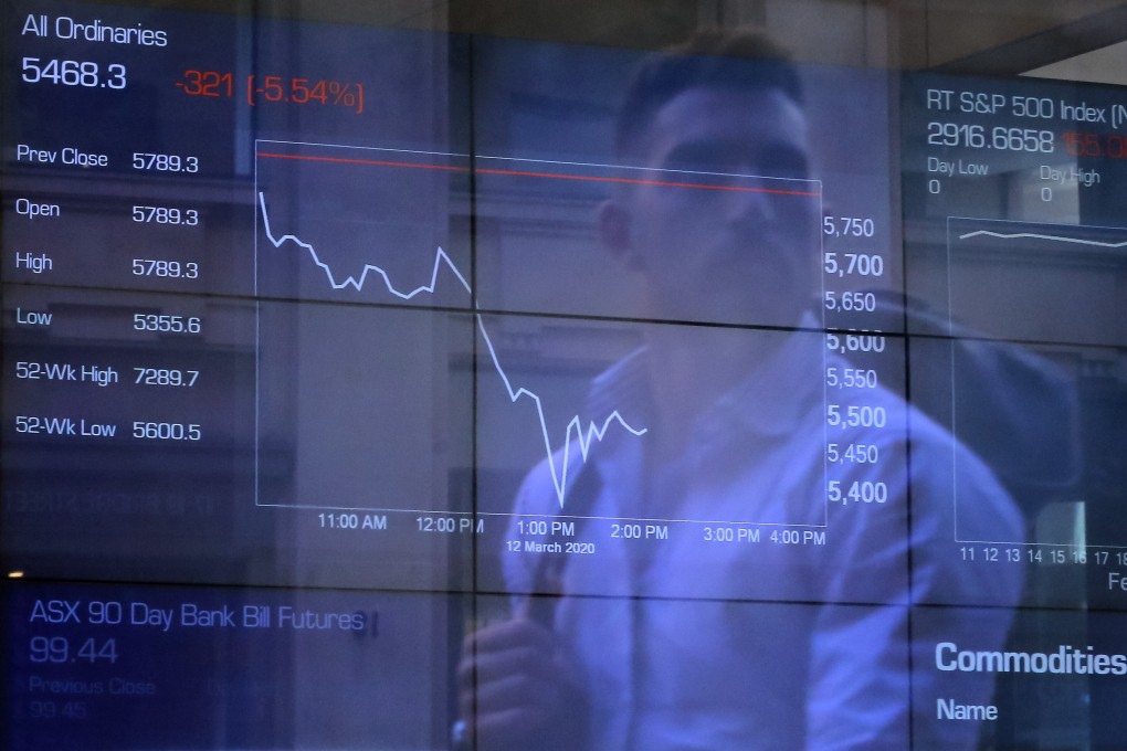 A view of digital market boards at the Australian Securities Exchange (ASX) in Sydney on 12 March 2020. Photo: EPA-EFE