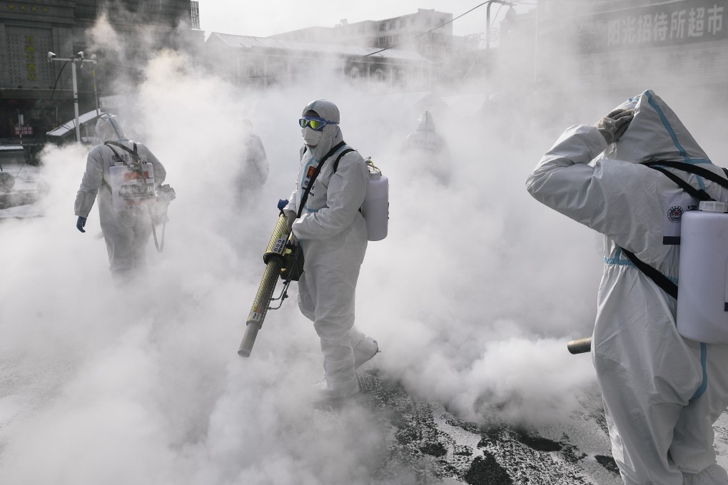 An area of Tonghua, in the northeastern province of Jilin, is disinfected on February 19 after an outbreak. Beijing has sought to promote its official narrative on the pandemic and stamp out criticism. Photo: Xinhua