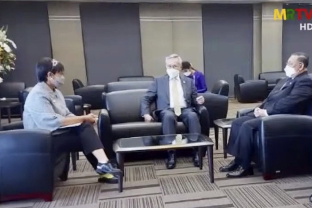 Indonesian Foreign Minister Retno Marsudi, left, talks with Thailand Foreign Minister Don Pramudwinai, centre, and Myanmar's Foreign Minister Wunna Maung Lwin, right, during their meeting in Bangkok, Thailand, last week. Photo: MRTV via AP