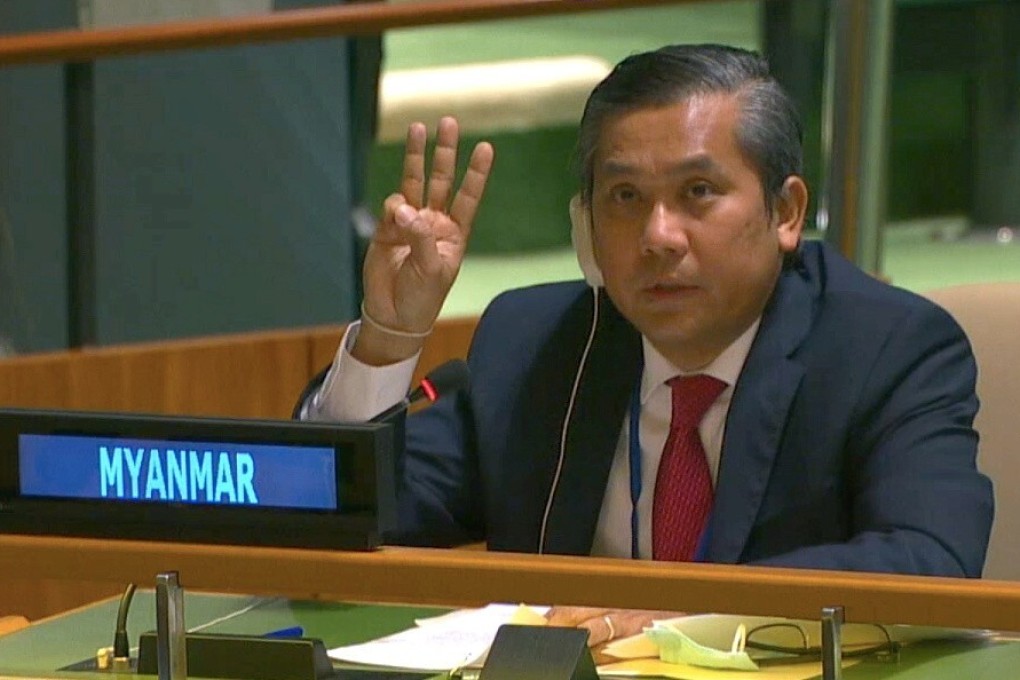 Myanmar's ambassador to the United Nations, Kyaw Moe Tun, gave the three-finger salute of his country’s protest movement as he spoke to the General Assembly on February 26. He pleaded for international help after the military coup. Photo: Reuters
