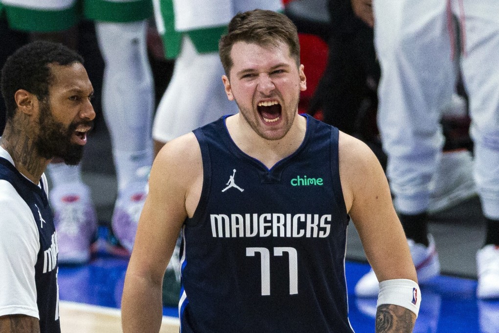 Dallas Mavericks guard Luka Doncic celebrates after making a three-point basket against the Boston Celtics in Dallas in February. Photo: AP