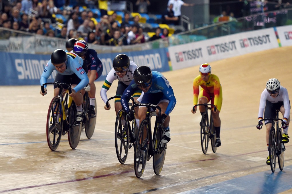 Sarah Lee (centre) leads as she approaches the finish line during the women’s keirin heat in the 2017 world championships at Tseung Kwan O velodrome. Photo: AFP