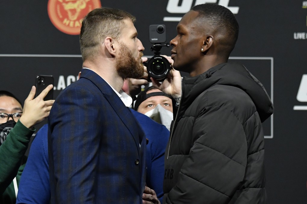 Jan Blachowicz (left) and Israel Adesanya face off during the UFC 259 press conference at UFC Apex on March 4, 2021 in Las Vegas, Nevada. Photo: Jeff Bottari/Zuffa LLC