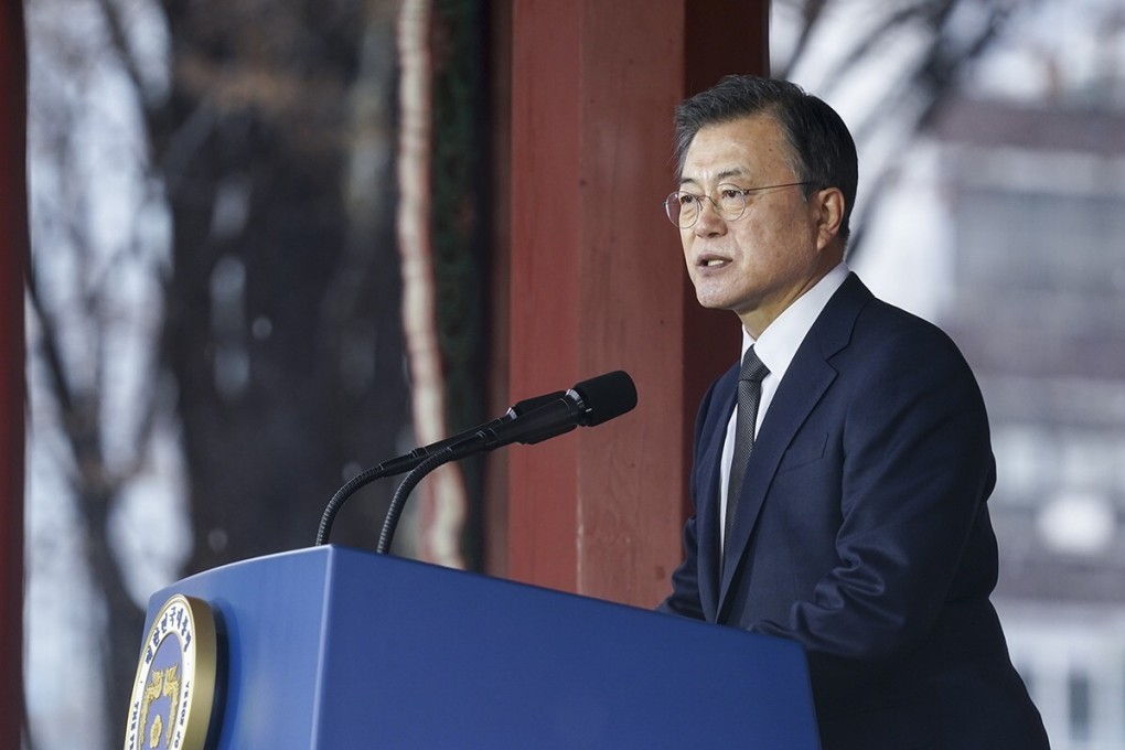 South Korean President Moon Jae-in speaks to mark the 102nd anniversary of the March 1 Independence Movement, the Korean uprising against Japanese colonial rule. Photo: Xinhua