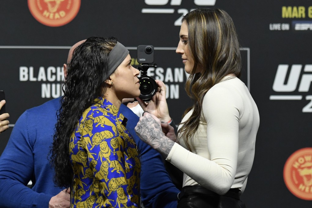 Amanda Nunes (left) and Megan Anderson face off during the UFC 259 press conference at UFC Apex on March 4, 2021 in Las Vegas, Nevada. Photos: Jeff Bottari/Zuffa LLC