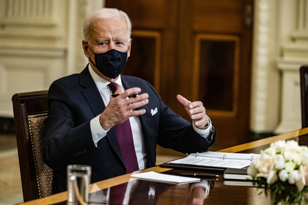 US President Joe Biden during a meeting on Friday with Americans who will benefit from the Covid-19 pandemic relief cheques that are a part of the American Rescue Plan. Photo: Getty Images / AFP