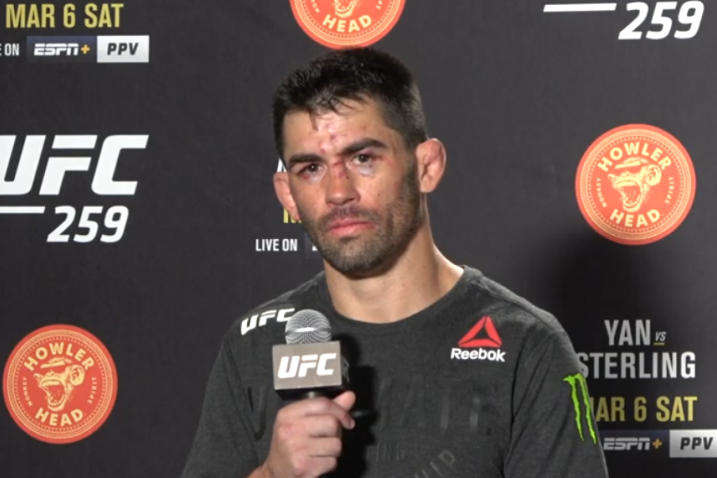 Dominick Cruz speaks to the media at UFC 259. Photo: Drake Riggs