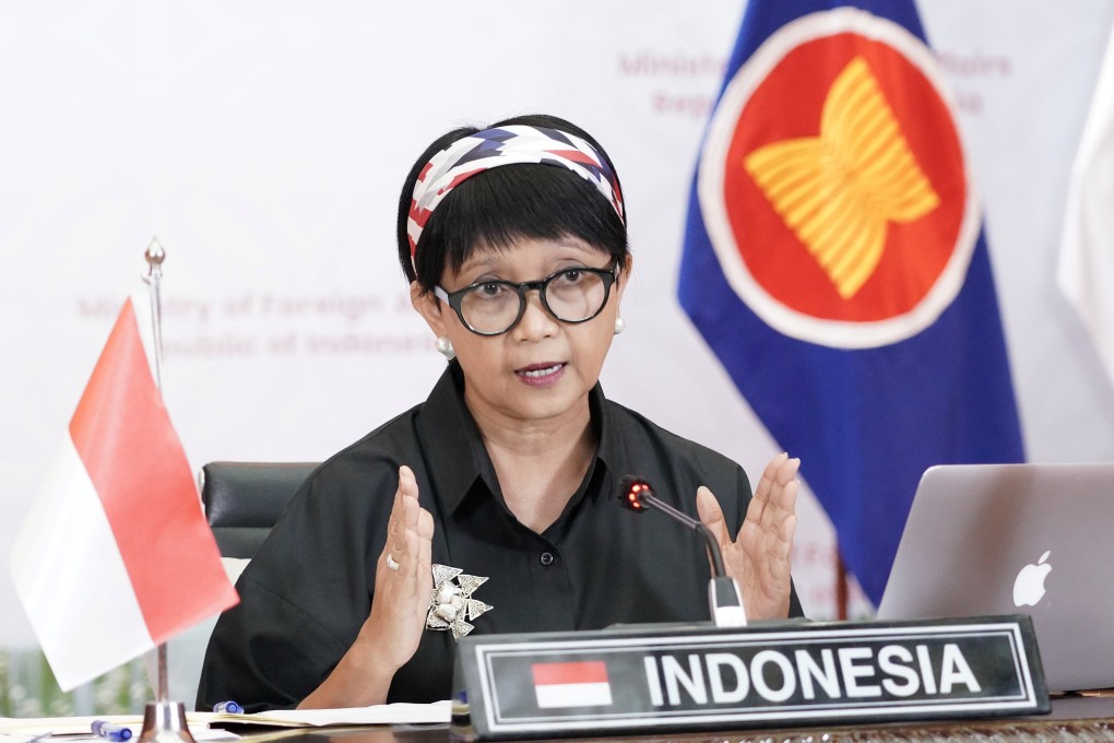 Indonesian Foreign Minister Retno Marsudi speaks during a virtual informal meeting with Asean foreign ministers and representatives on March 2. Photo: Reuters