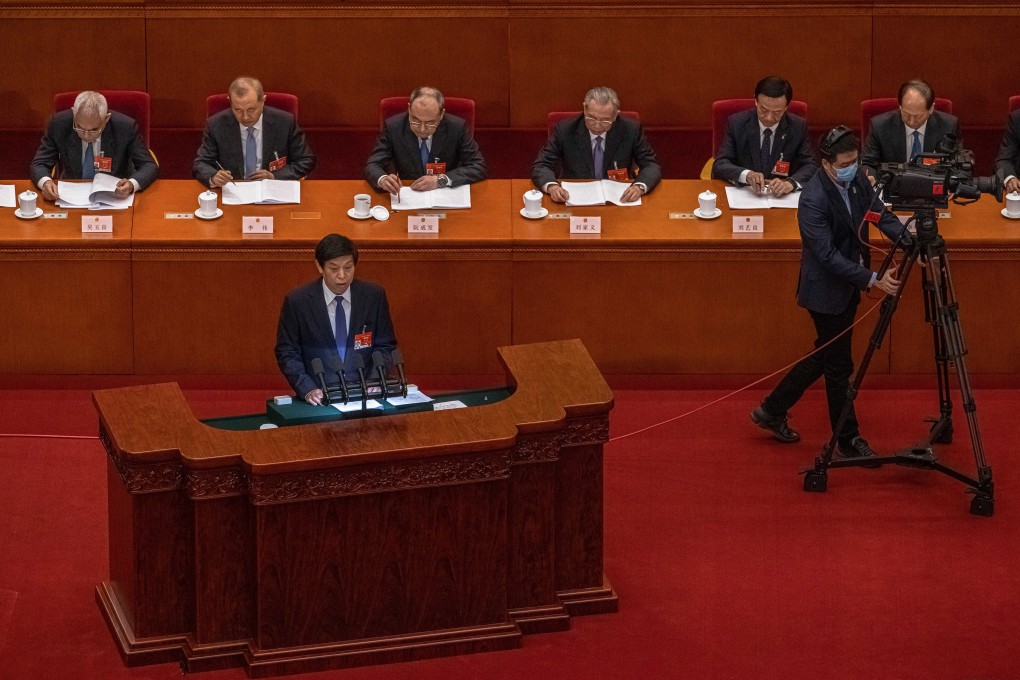 Li Zhanshu, chairman of the National People's Congress Standing Committee, delivers a speech at the Great Hall of the People, in Beijing. Photo: EPA-EFE