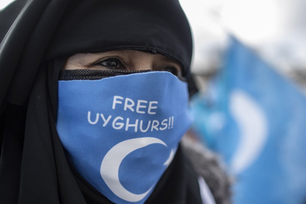 An Uygur woman during a protest against China near the Chinese consulate in Istanbul, Turkey on Monday. Photo: EPA-EFE