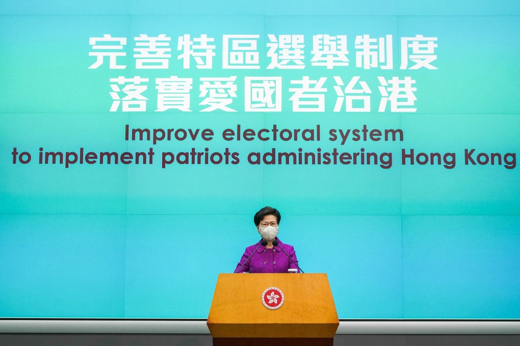 Chief Executive Carrie Lam spoke to reporters about the coming changes for Hong Kong’s electoral system on Monday. Photo: Sam Tsang