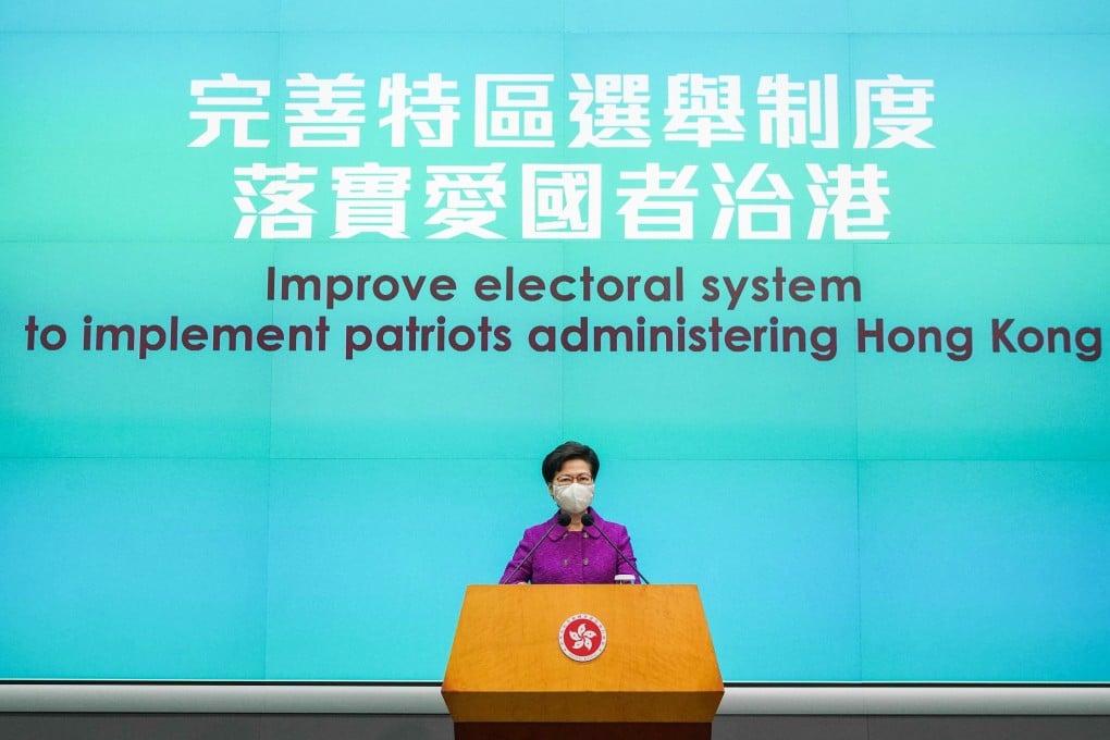 Chief Executive Carrie Lam spoke to reporters about the coming changes for Hong Kong’s electoral system on Monday. Photo: Sam Tsang