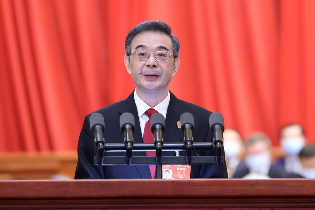 Zhou Qiang, president of the Supreme People’s Court, delivers a work report on Monday during a session of the National People’s Congress in Beijing. Photo: Xinhua