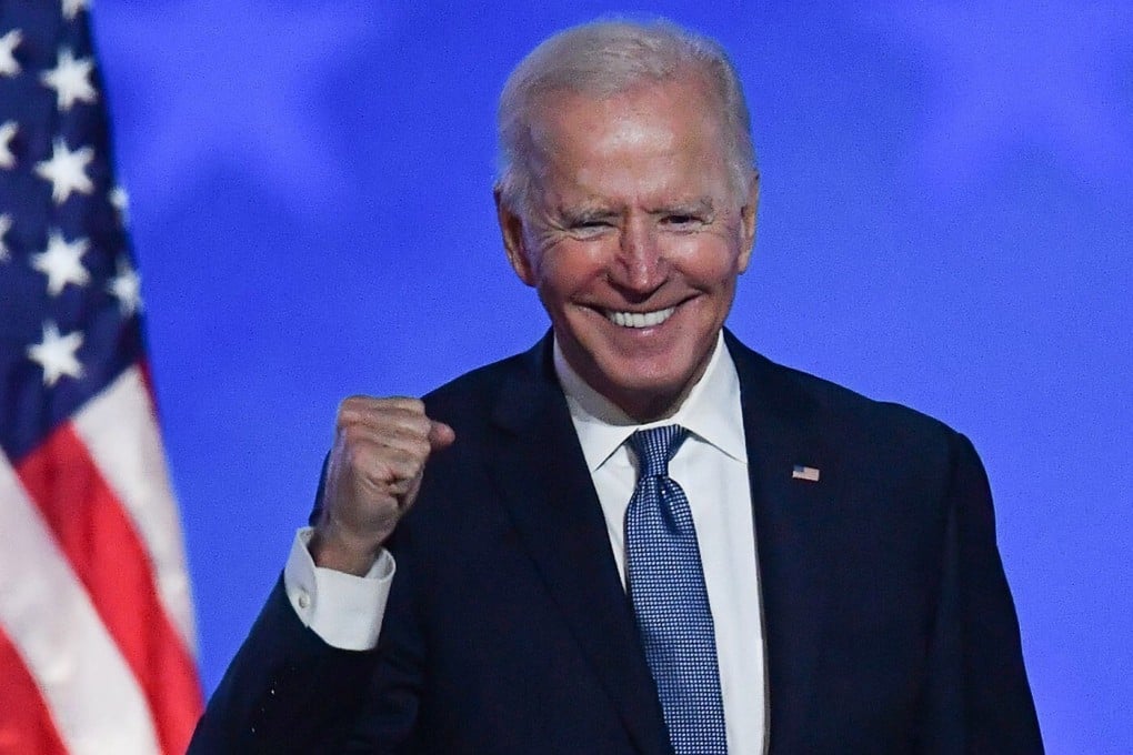 Joe Biden gestures after speaking during election night at the Chase Centre in Wilmington, Delaware, in November 2020. Photo: TNS