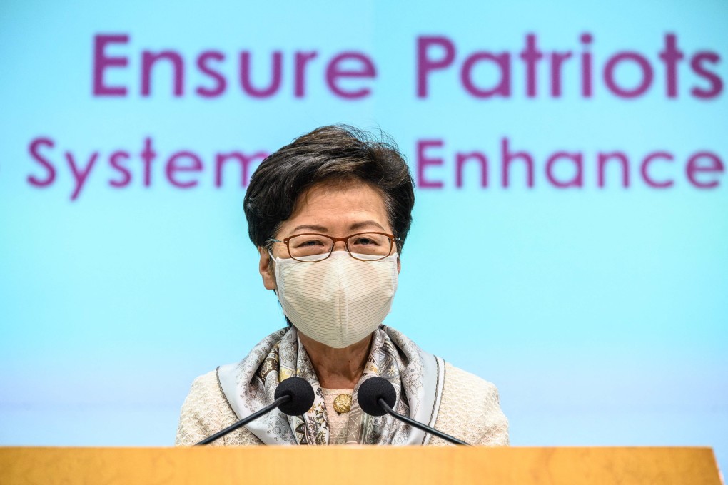 Hong Kong Chief Executive Carrie Lam speaks to the press at government headquarters on Thursday. Photo: AFP