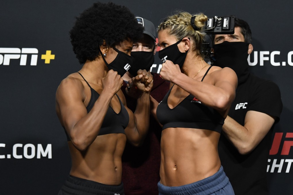 Angela Hill (left) and Ashley Yoder face off during the UFC weigh-in on March 12, 2021 in Las Vegas, Nevada. Photos: Jeff Bottari/Zuffa LLC via Getty Images