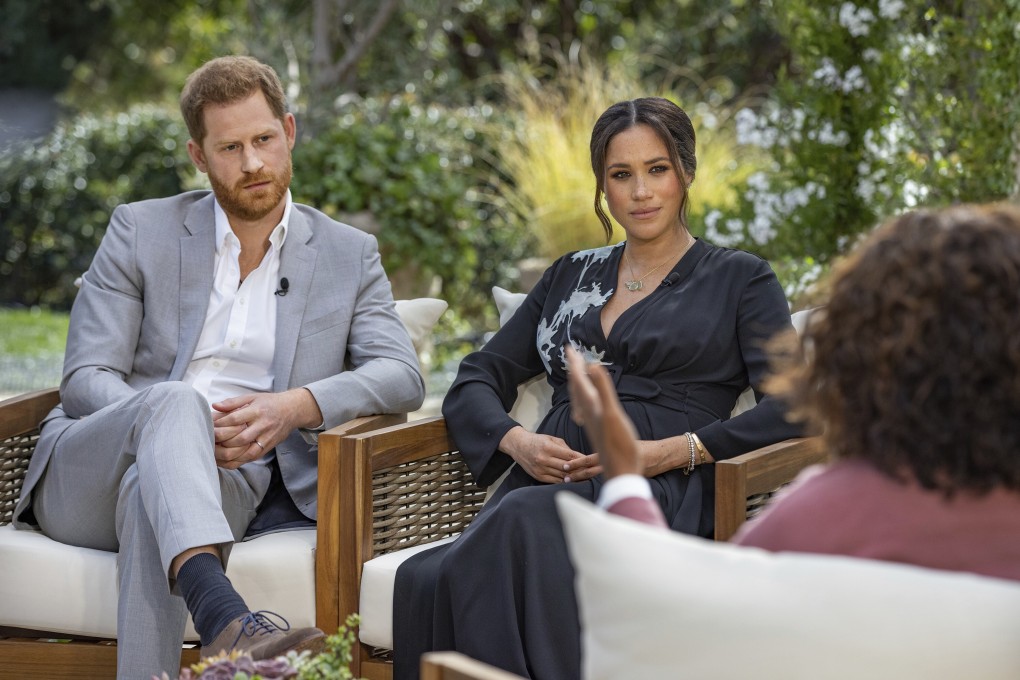 Prince Harry and Meghan, Duchess of Sussex, are interviewed by US television host Oprah Winfrey. Photo: Harpo Productions via AP