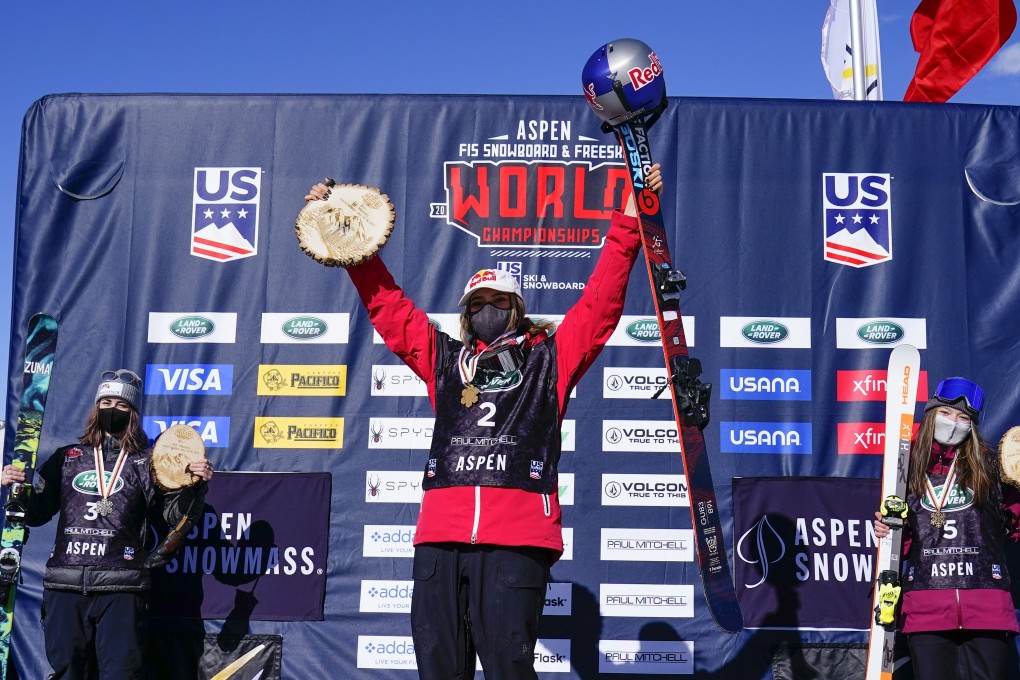 China’s Eileen Gu celebrates winning the freeski half-pipe at the 2021 FIS Snowboard & Freeski World Championships. Photo: USA Today