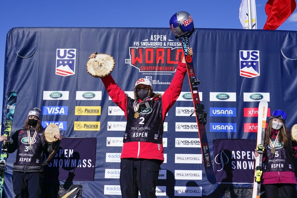 China’s Eileen Gu celebrates winning the freeski half-pipe at the 2021 FIS Snowboard & Freeski World Championships. Photo: USA Today