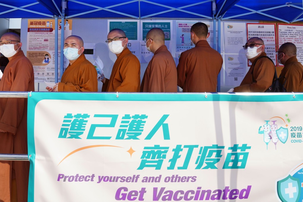 Monks queue for a Covid-19 shot in Tuen Mun on Monday. Photo: Sam Tsang