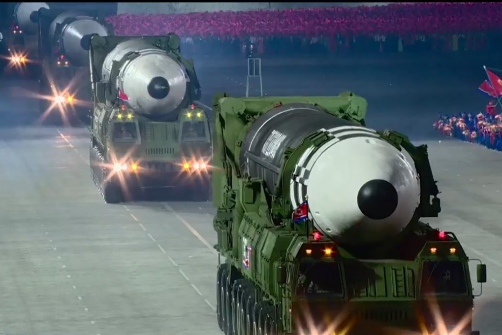 A screen grab taken from a KCNA broadcast in October 2020 shows what appear to be new North Korean intercontinental ballistic missiles on display during a parade in Pyongyang. Photo: KCNA via AFP