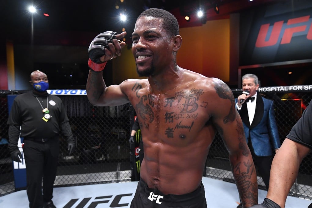 Kevin Holland celebrates his KO victory over Jacare Souza in their middleweight bout during UFC 256 in Las Vegas, Nevada. Photo: Jeff Bottari/Zuffa LLC