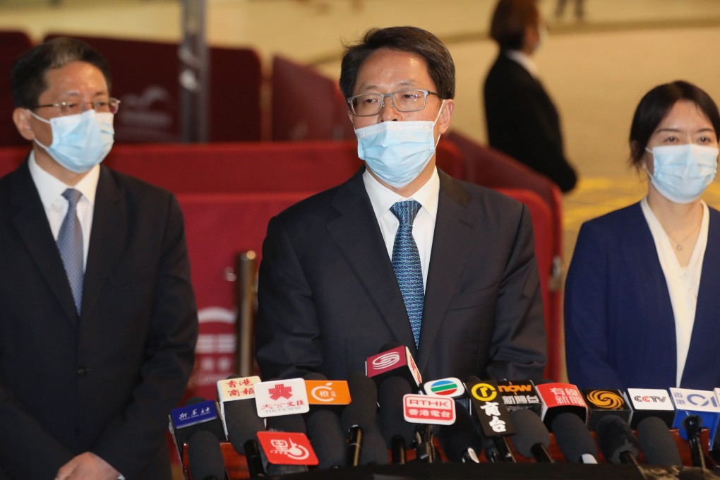 Zhang Xiaoming, deputy director of the Hong Kong and Macau Affairs Office, speaks to the press after a series of meetings on the city’s electoral overhaul on Wednesday. Photo: Handout
