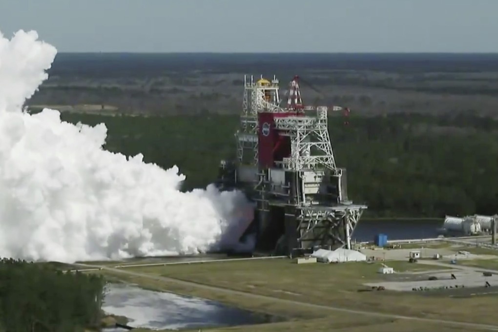 The core stage of the Space Launch System, Nasa’s planned moon rocket, is tested at the Stennis Space Centre in Mississippi on Thursday. Photo: Nasa via AP
