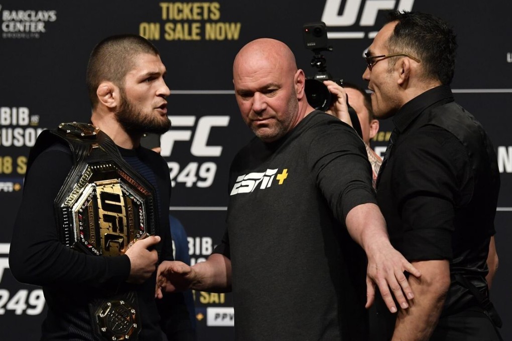 Former UFC lightweight champion Khabib Nurmagomedov and former interim champion Tony Ferguson at the UFC 249 press conference in the T-Mobile Arena in Las Vegas, Nevada in March of 2020. Photo: Zuffa LLC