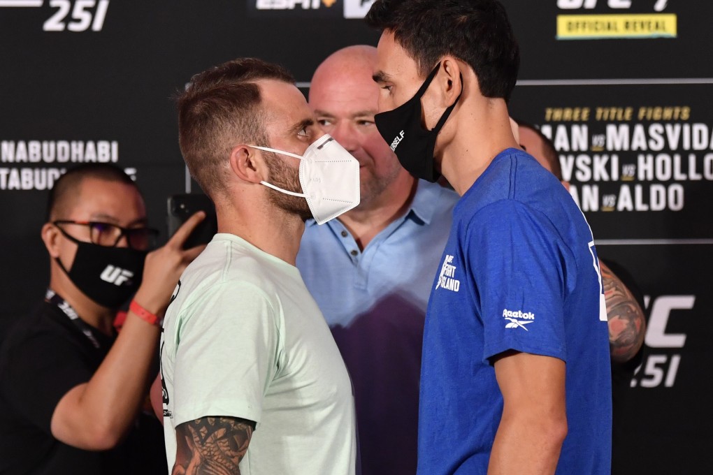 Alexander Volkanovski (left) and Max Holloway face off during the UFC 251 official weigh-in inside Flash Forum in Abu Dhabi. Photos: Jeff Bottari/Zuffa LLC