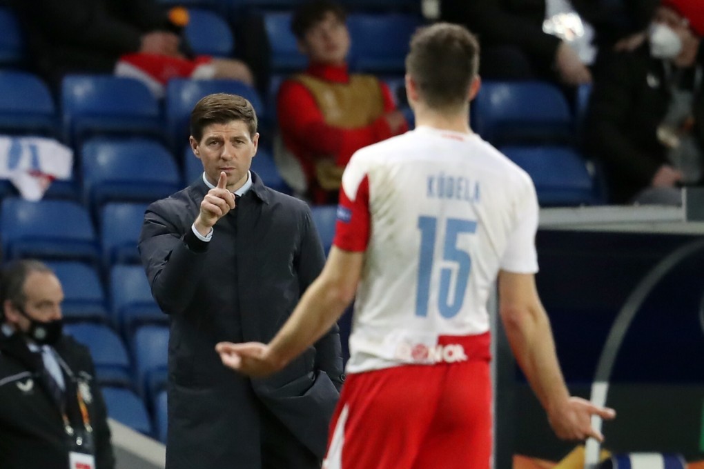 Rangers manager Steven Gerrard gestures to Slavia Prague’s Ondrej Kudela during their Europa League loss. Photo: Reuters