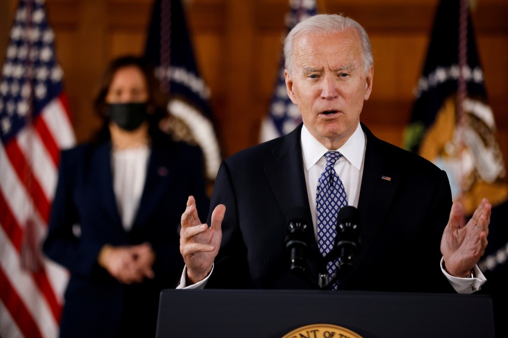 US President Joe Biden and Vice-President Kamala Harris deliver remarks after meeting Asian-American leaders in Atlanta, Georgia on Friday. Photo: Reuters