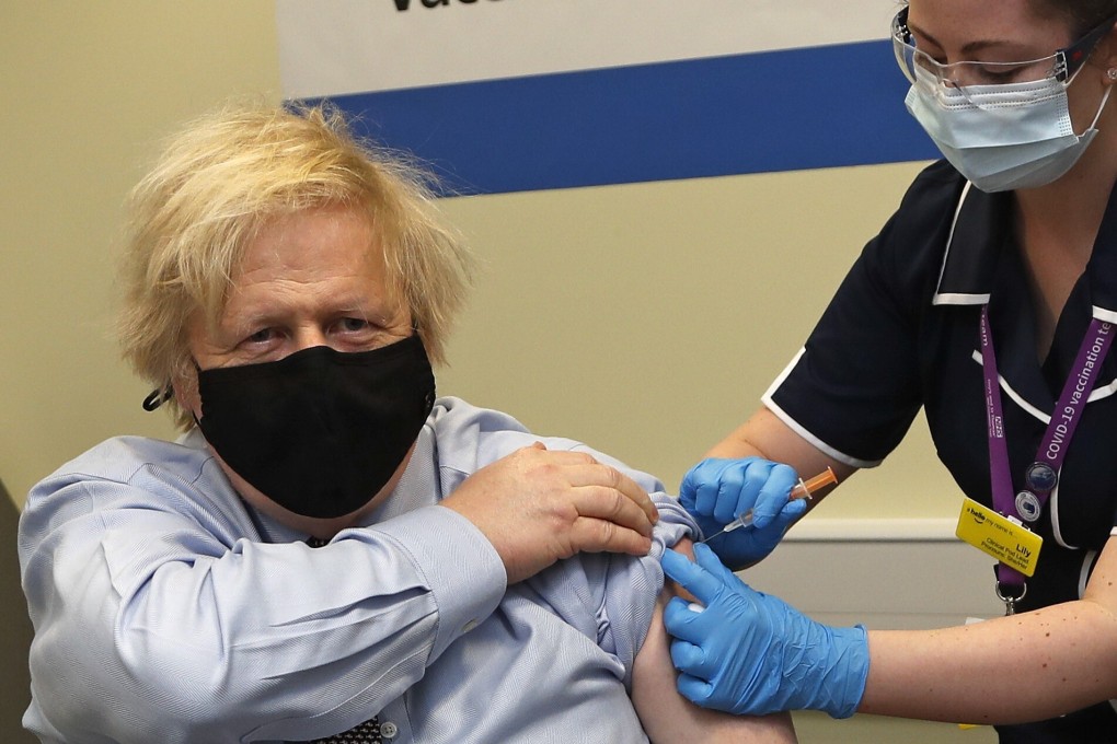 Britain's Prime Minister Boris Johnson receives the first dose of the AstraZeneca vaccine at St Thomas’ Hospital in London on Friday. Photo: AP