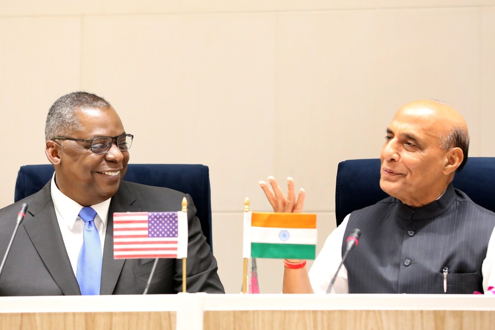 US Defence Secretary Lloyd Austin and Indian Defence Minister Rajnath Singh at a joint press conference in New Delhi on March 20, 2021. Photo: EPA-EFE