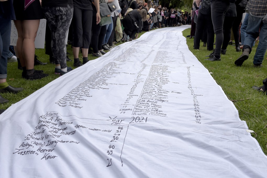The names and ages of female victims of sexual abuse are displayed on a length of fabric at a March4Justice rally at Treasury Gardens in Melbourne, Australia. Photo: Bloomberg