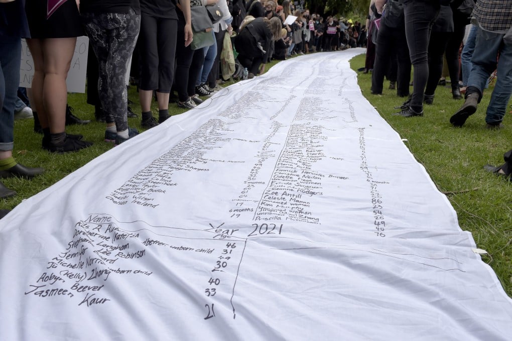 The names and ages of female victims of sexual abuse are displayed on a length of fabric at a March4Justice rally at Treasury Gardens in Melbourne, Australia. Photo: Bloomberg