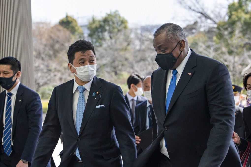 Japanese Defence Minister Nobuo Kishi chats to US Secretary of Defence Lloyd Austin in Tokyo last week. Photo: Lisa Ferdinando/Dod/Planet Pix v