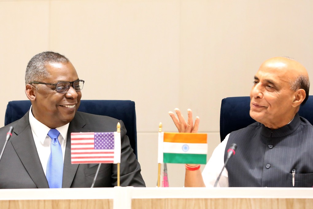 US defence chief Lloyd Austin (left) and Indian Defence Minister Rajnath Singh (right) attend a joint press conference at the Vigyan Bhawan in New Delhi, India. Photo: EPA-EFE