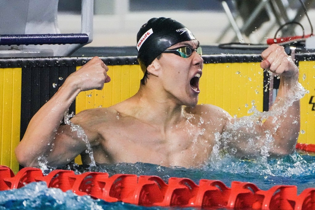 Cheuk Ming-ho roars in delight after breaking the Hong Kong men’s 200 metre freestyle record. Photos: Hong Kong Amateur Swimming Association