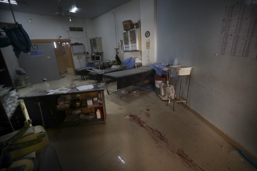 Blood on a hospital floor in Atareb, a town in rural western Aleppo, Syria on Sunday. Artillery shells fired from government areas killed at least five civilians and wounded medical staff when they landed in front of the hospital. Photo: AP