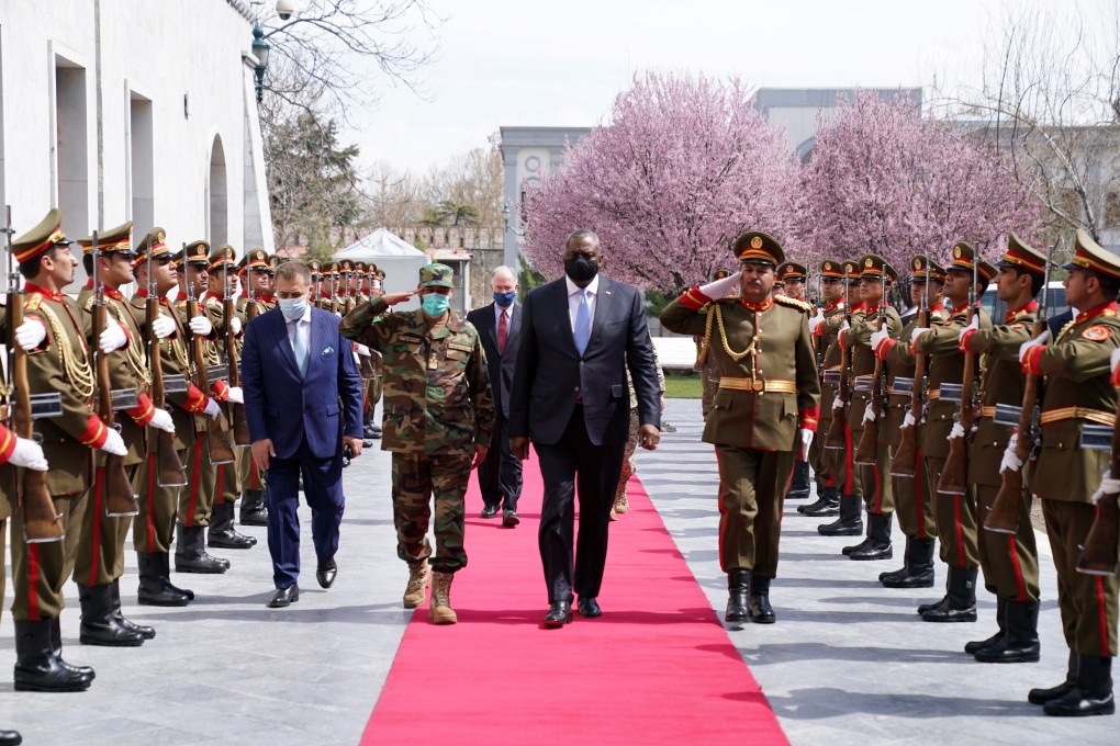 US Secretary of Defence Lloyd Austin during his visit in Kabul, Afghanistan on Sunday. Photo: Presidential Palace / Reuters