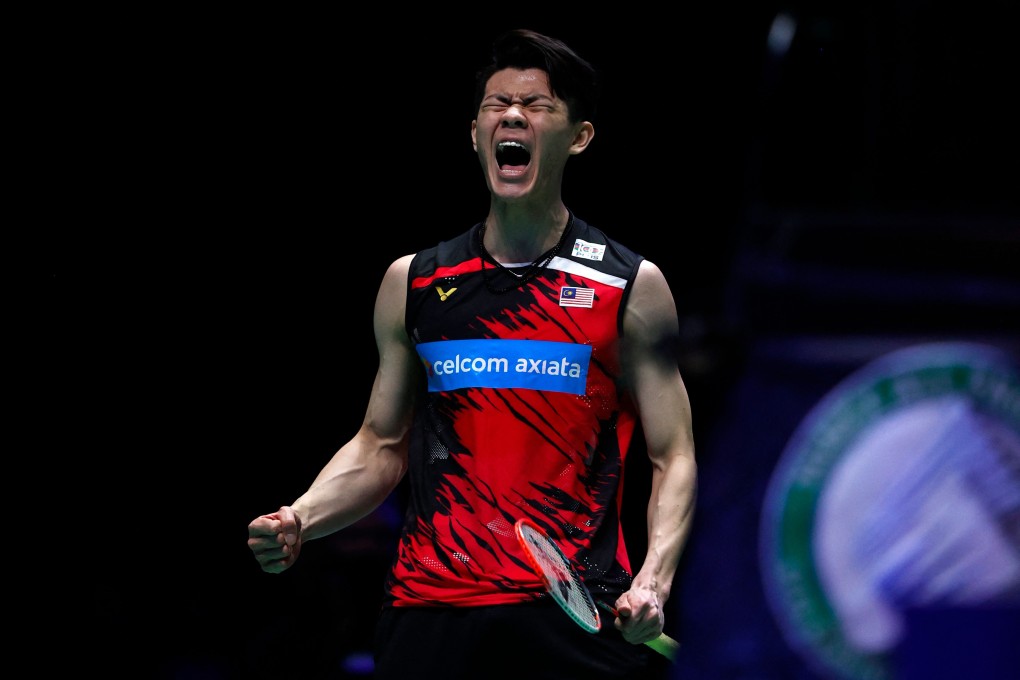 Malaysia’s Lee Zii Jia celebrates winning a point in the final of the All England Open. Photo: AFP
