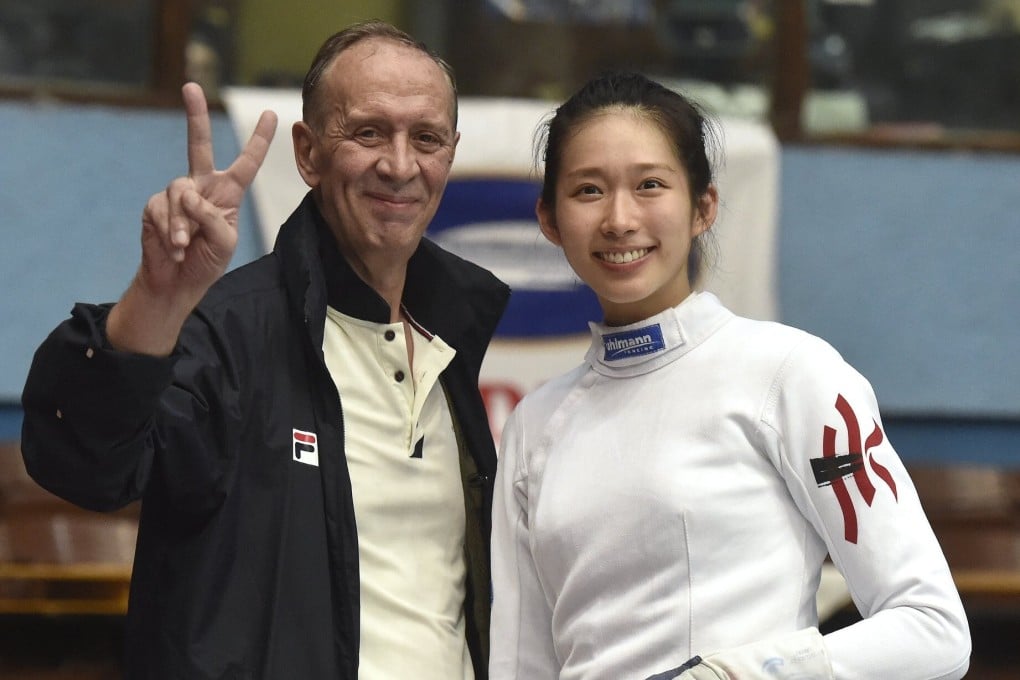Vivian Kong Man-wai and her coach Octavian Zidaru in a World Cup competition. Photo: FIE