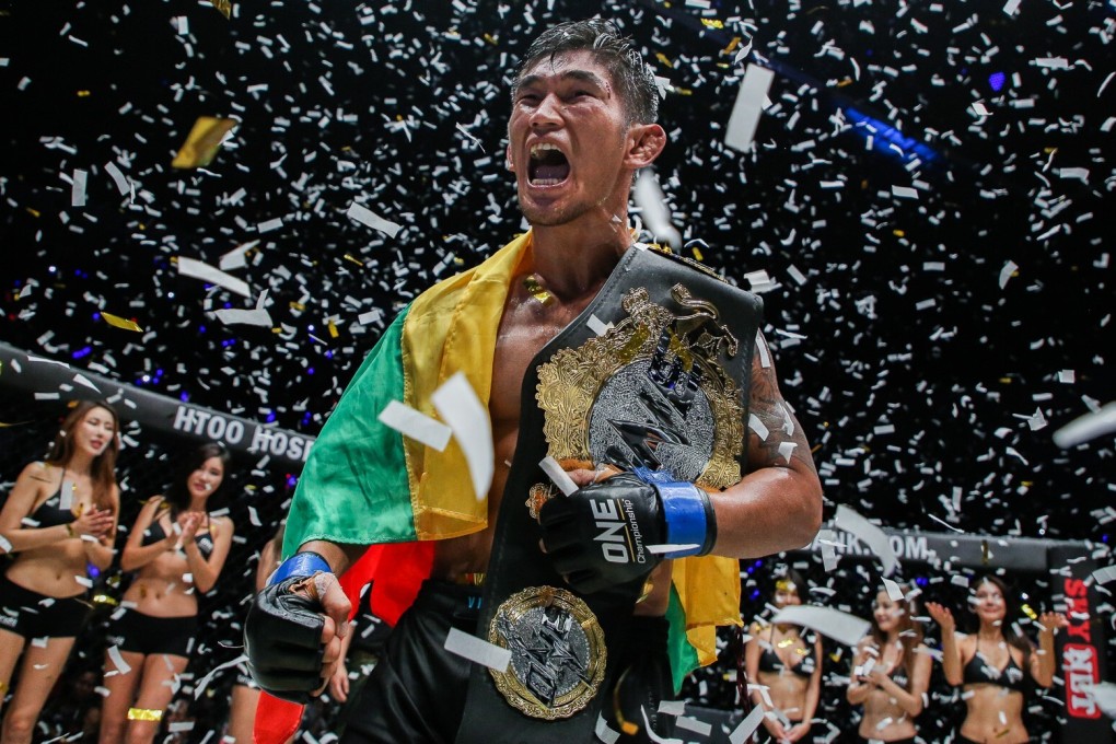 Aung La N Sang celebrates after being crowned ONE middleweight champion in Yangon, Myanmar. Photos: ONE Championship