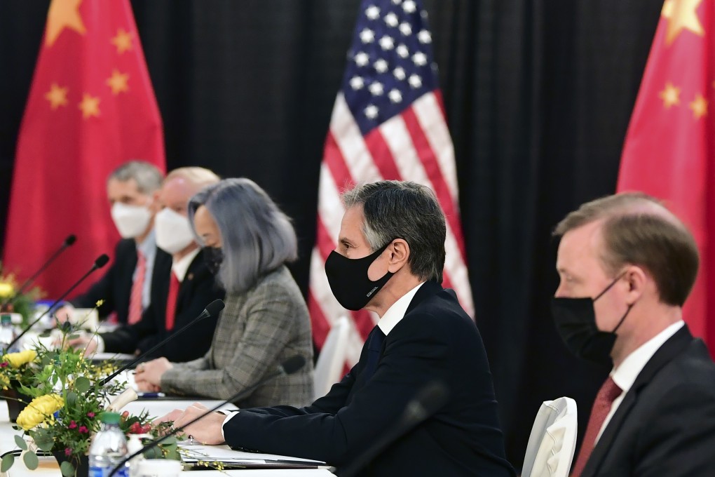 US Secretary of State Antony Blinken (second from right) and national security adviser Jake Sullivan (right) during talks with top Chinese officials in Anchorage, Alaska on March 18. Photo: AP
