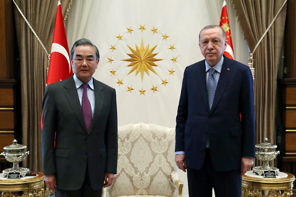 Chinese Foreign Minister Wang Yi and Turkish President Recep Tayyip Erdogan met in Ankara on Thursday. Photo: EPA-EFE