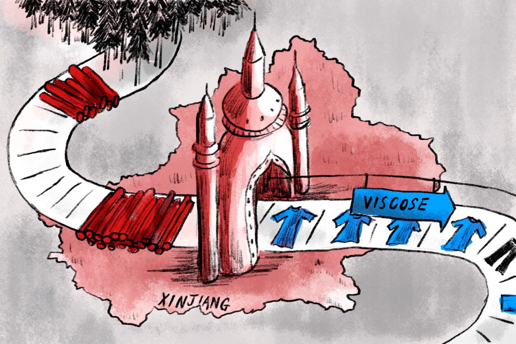 An SCMP examination traces the supply chain for viscose rayon from Finland’s forests to state-run factories in Xinjiang – and then fanning out around the world. Illustration: Brian Wang