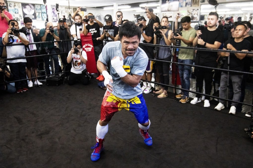 Filipino professional boxer Manny Pacquiao in training in front of media at the Wild Card Boxing gym in Los Angeles, California in 2019. Photo: EPA
