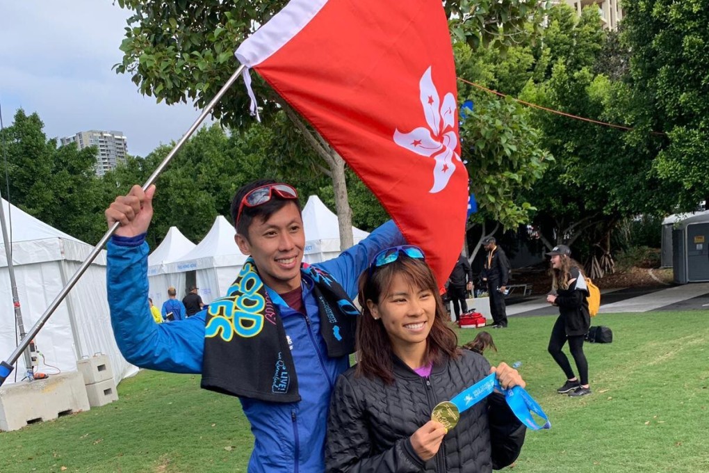Christy Yiu and her husband Chan Ka-ho after breaking the Hong Kong women's marathon record at the 2019 Gold Coast Marathon in Australia. Photo: Handout